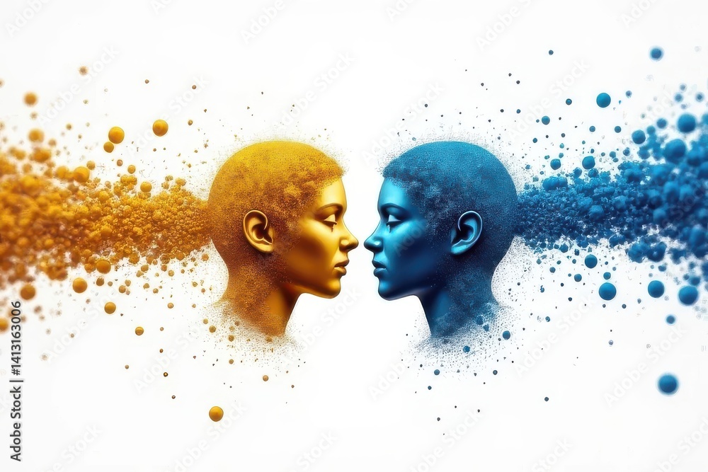 Poster two digital profiles facing each other composed of particle elements