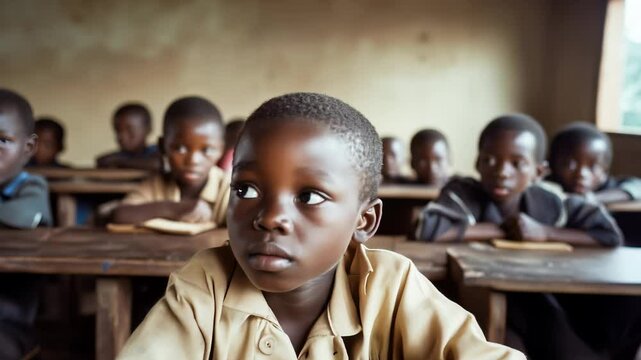 Children in a rural African school sit in a basic classroom, highlighting limited resources and educational challenges in poor communities.