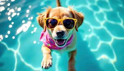 Cute funny dog wearing sunglasses and floating in a swimming pool. Happy pet swim in ocean or sea, play in the water. Travel, summer vacation, holiday concept. Creative card or banner with copy space