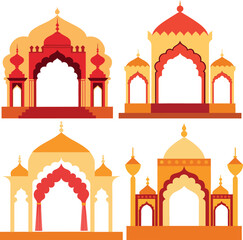 Set Of Rajasthani palace backdrop with ornate arches and jharokhas for a wedding stage, Indian Wedding Decor Vector Design Vector