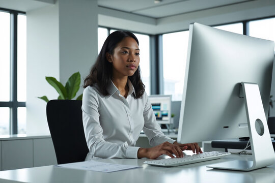 Focused Black businesswoman concentrating intently while working on a large desktop computer monitor at her workstation in a bright, modern open-plan office environment - Powered by Adobe