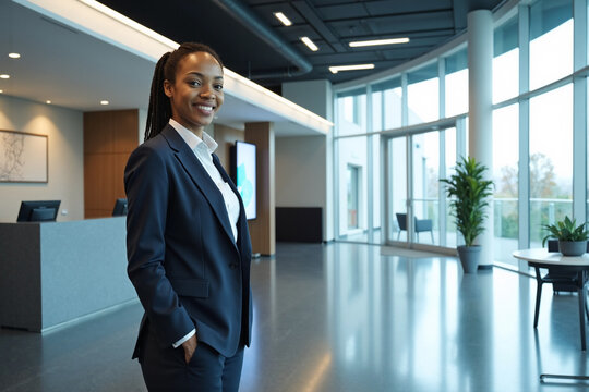 Successful Black businesswoman in a professional blazer standing confidently and smiling warmly in a spacious, empty modern corporate building lobby with large bright windows