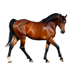 Obraz premium A side view brown Arabian horse is walking isolated on white or transparent background, png clipart, design element