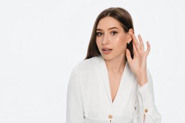 Close up photo of young pretty curious nosy woman lady touch ear doing eavesdropping look novelty,...