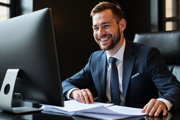 laughing Caucasian businessman in a formal dark suit and striped tie sits at his office desk, looking down at some papers while working on his computer, suggesting a busy and productive day