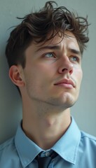 Obraz premium A handsome young man with tousled hair and piercing blue eyes gazes thoughtfully upwards, dressed in a light blue shirt and dark tie. His expression conveys a sense of contemplation and introspection
