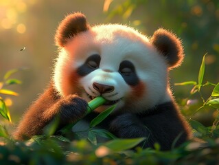 Fototapeta premium giant panda lazily chewing bamboo peaceful and natural setting soft focus background 