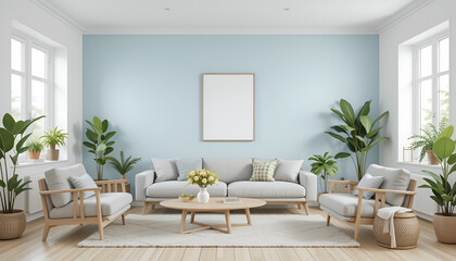 Fototapeta premium Light Blue Living Room with White Sofas, Wooden Coffee Table, Indoor Plants & Natural Light Cozy Living Space: White Furniture, Blue Accent Wall, 