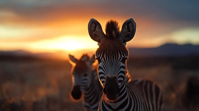 Two zebras face the warm sunset glow in the African savanna.