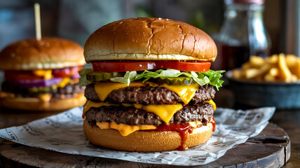 A juicy double cheeseburger stacked with two beef patties, melted cheddar, crisp lettuce, ripe tomato, pickles, and a sesame seed bun, oozing with flavor and dripping sauce
