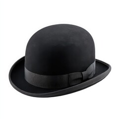 A classic bowler hat in dark color with a ribbon on white space
