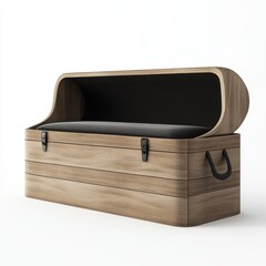 Wooden chest with cushion seat on white background