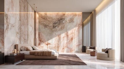 Luxurious large bedroom with marble slabs and a bed in the center. Delicate beige colors - ivory, milk, brown, taupe 