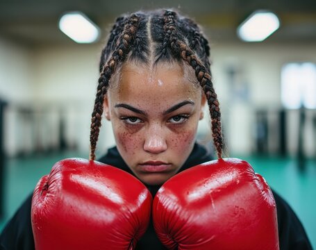 A young woman with braided hair is wearing red boxing gloves and poses in front of the camera, facing forward. She has an intense expression on her face as she stands inside a gym setting.