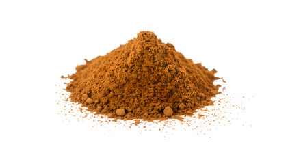 Isolated brown coffee powder forms a fragrant heap on a white background