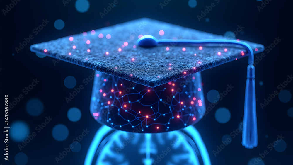 Poster a neural network graduation cap pulses with synaptic energy above a brain scan. dna tassel sways as 