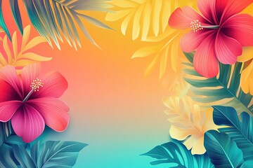 Fototapeta premium Bright tropical flowers and leaves create a vibrant backdrop for summer aesthetics