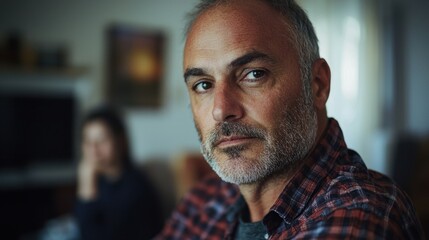 Obraz premium A man with a beard and gray hair is standing in front of a woman