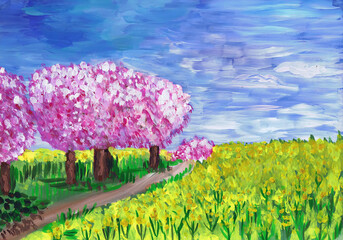 Flowering fruit trees and rapeseed field. Spring landscape. Children's drawing