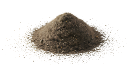 Isolated brown heap of ground dust, resembling a small pile of dry soil on a white background