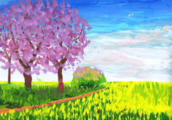 Flowering cherry trees and rapeseed field. Spring landscape. Children's drawing