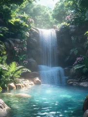 Fototapete Rund Hidden tropical waterfall cascading into a crystal-clear pool, surrounded by vibrant green ferns and exotic flowers, sunlight filtering through dense jungle foliage, peaceful paradise © Alla