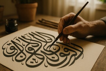 Arabic calligraphy artistry workshop studio creative process indoor close-up