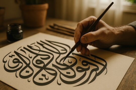 Arabic calligraphy artistry workshop studio creative process indoor close-up
