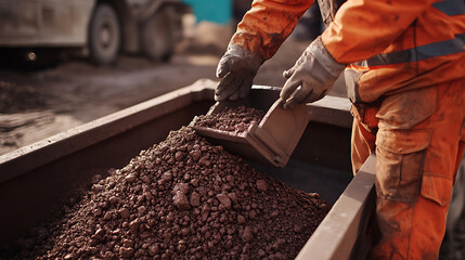 Mining worker stacking iron ore onto a transport truck at a mining site. Featuring loading and transportation