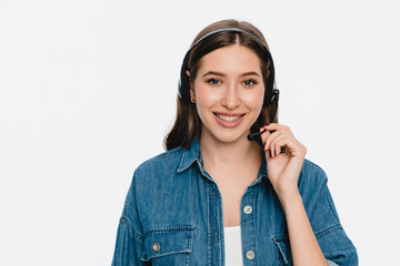 Close up portrait of friendly smiling woman female consultant manager worker of a call canter hot line costumer support in headset isolated on white background. Ready to help