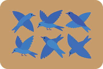 Fototapeta premium Six Bluebirds in Flight, a Collection of Simple Bird Illustrations on a Neutral Background.