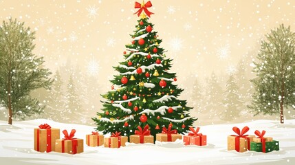 Festive Christmas Tree Surrounded by Gifts in a Snowy Winter Wonderland Scene