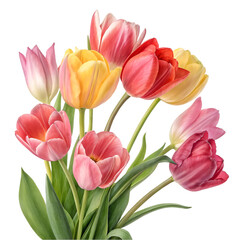 Vibrant pink, red, and yellow tulip isolated on white background