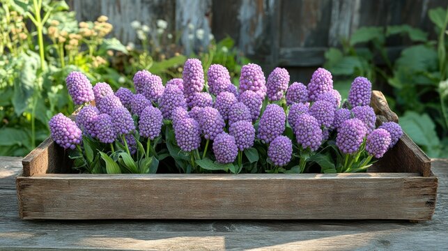 Clustered purple flowers in rustic wooden box