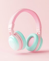 Stylish pink and mint green headphones against a soft pink background. 3D soft pop