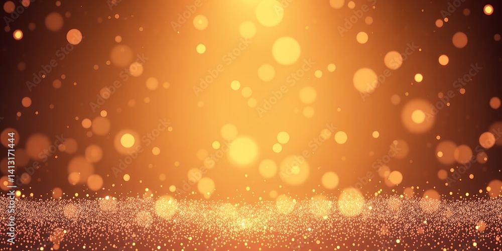 Poster a warm golden background with bokeh lights and a shimmering surface of tiny golden particles