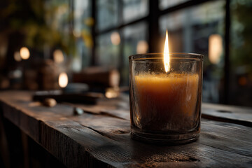 Close-Up of a Single Lit Candle on Dark Wood Table Casting Warm Glow and Gentle Shadows, Creating a Serene and Peaceful Atmosphere