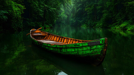 Canoe on dark green water lush vegetation tranquil nature adventure travel