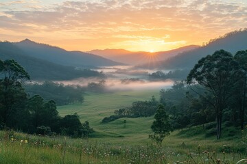 Lush green valley with mist rolling over mountain peaks, early morning golden sunlight filtering through the dense pine trees, wildflowers scattered across the meadow, dramatic sky 