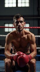 Fototapeta premium Man in a boxing ring with his hands in his pockets and a red glove on his left hand