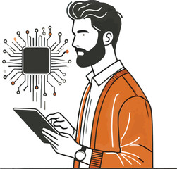 Businessman Using a Tablet in Front of a Computer Chip .  