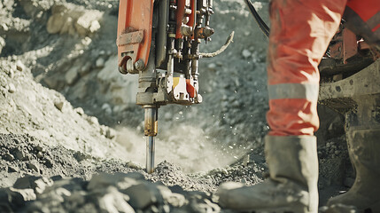 Mining worker using a hydraulic drill at a mining site. Featuring rock drilling and machinery operation