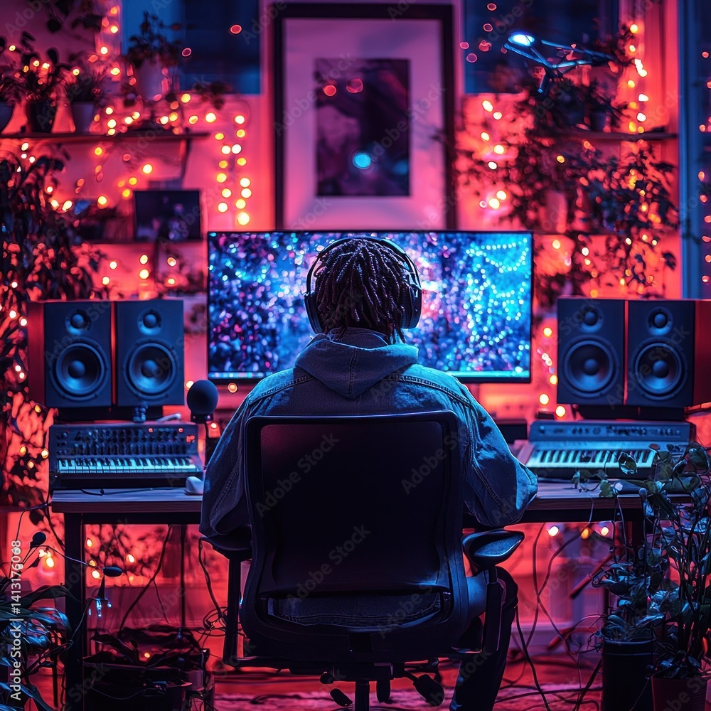 Poster creating music in a warm and comfortable home recording studio atmosphere