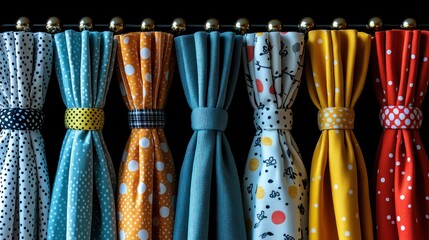 Colorful patterned curtains, a close-up view of various fabrics with polka dots, floral, and other designs, tied with decorative bands