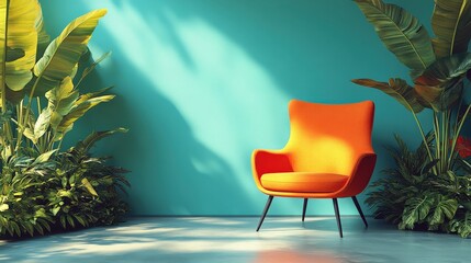 Vibrant orange chair positioned against a teal wall surrounded by lush green plants in a serene setting