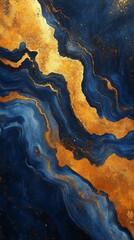 Obraz premium marbled ink texture in midnight blue and gold, swirling organic patterns with natural fluidity, polished surface with soft light reflections, luxurious aesthetic