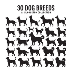 Vector Illustration Depicting 30 Dog Silhouettes