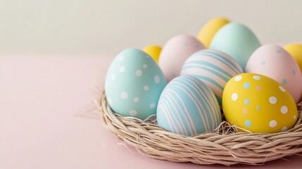 Decorative Easter eggs mint yellow blue and blush pink with delicate stripes and dots arranged from a woven basket on light pink surface minimalist aesthetic
