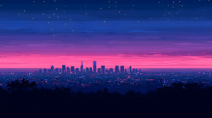 Fototapeta premium Vibrant Pixel Art Cityscape at Twilight with Silhouette of Buildings and Dark Sky at Night