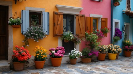 Colorful italian houses decorated with flower pots in burano, venice